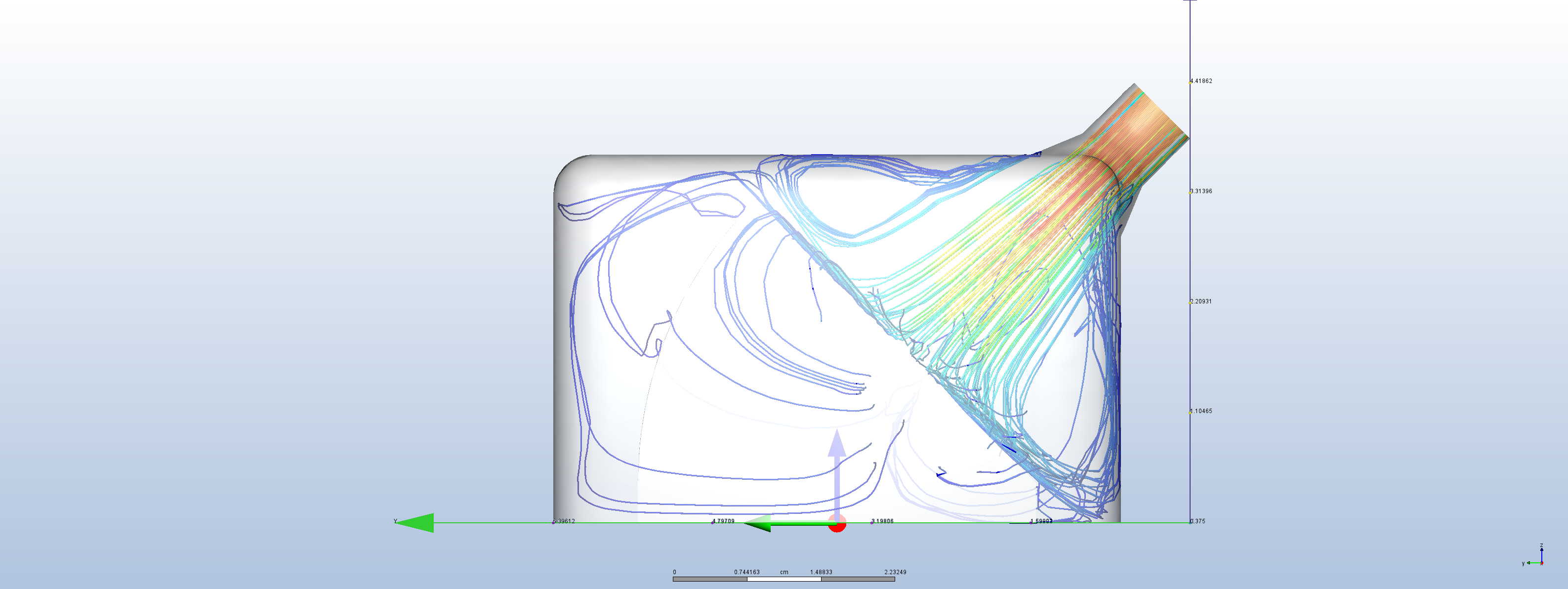 Side-view Autodesk CFD streamline analysis through the angled mouthpiece and sensor chamber